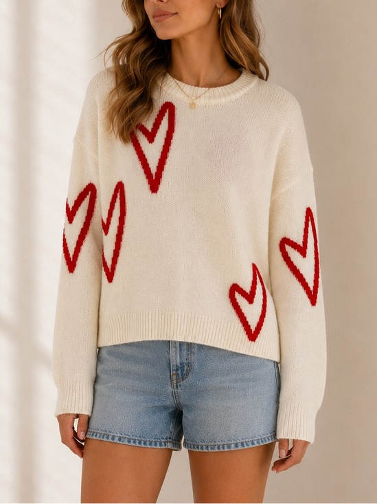 Elan Sweaters - Elan Ivory Heart Print Soft Girl Crewneck Sweater Oversized Cozy Knit Pullover L
